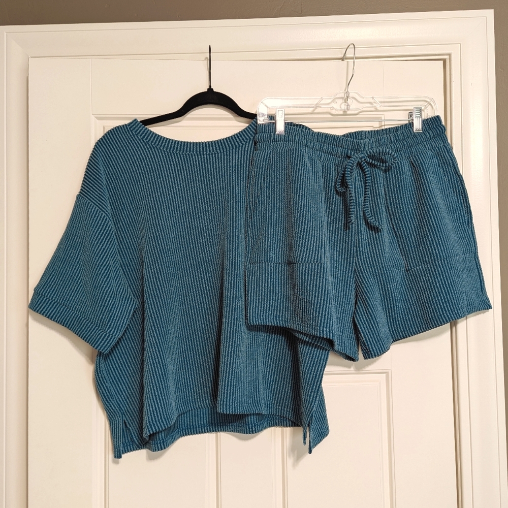 Zenana Ribbed Shirt And Shorts Set Dark Teal - Picture 2 of 2